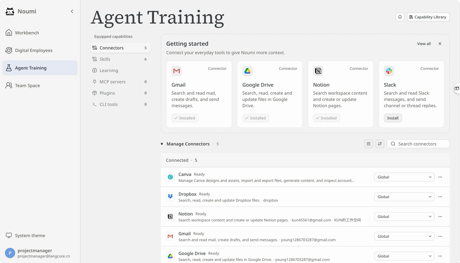 Noumi Agent Training: connect your tools and equip your agent with project knowledge